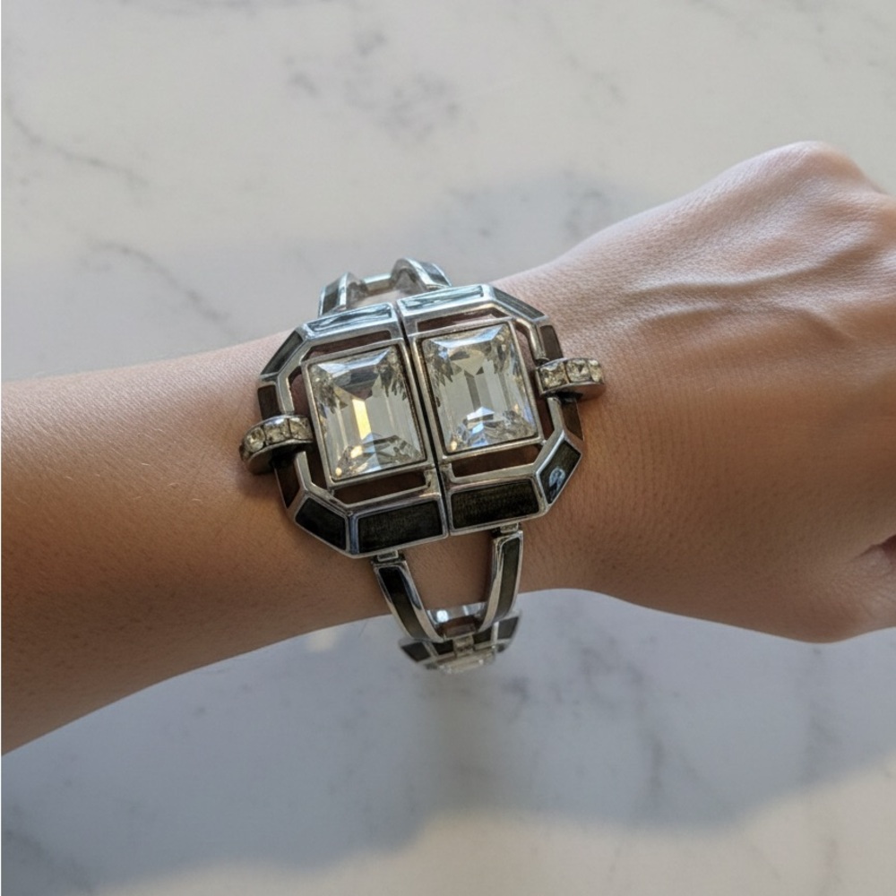 Judith Leiber Art Deco Crystal Statement Bracelet Silver Tone